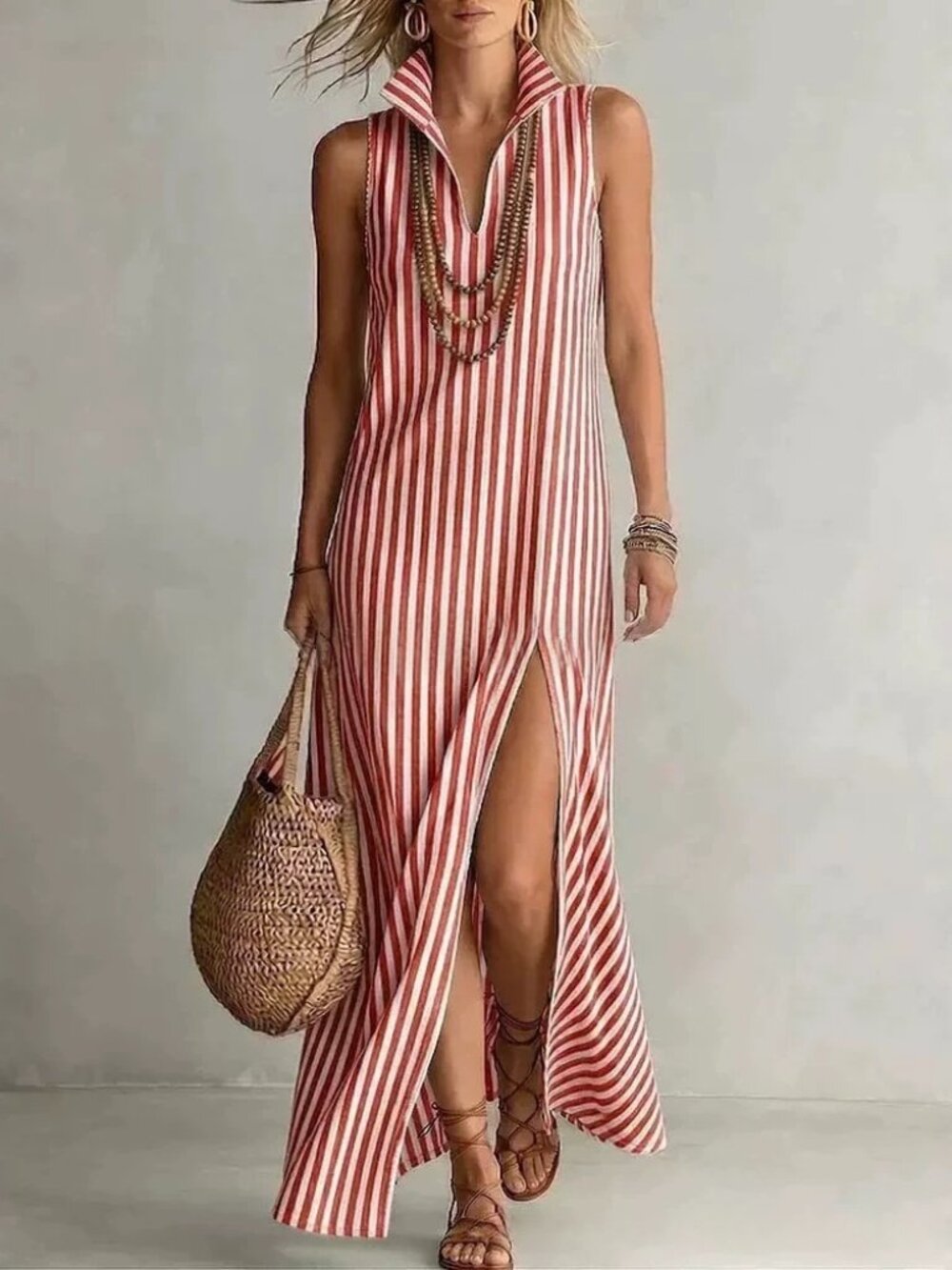 Women's Striped Stand Collar Side-Slit Camisole Maxi Dress